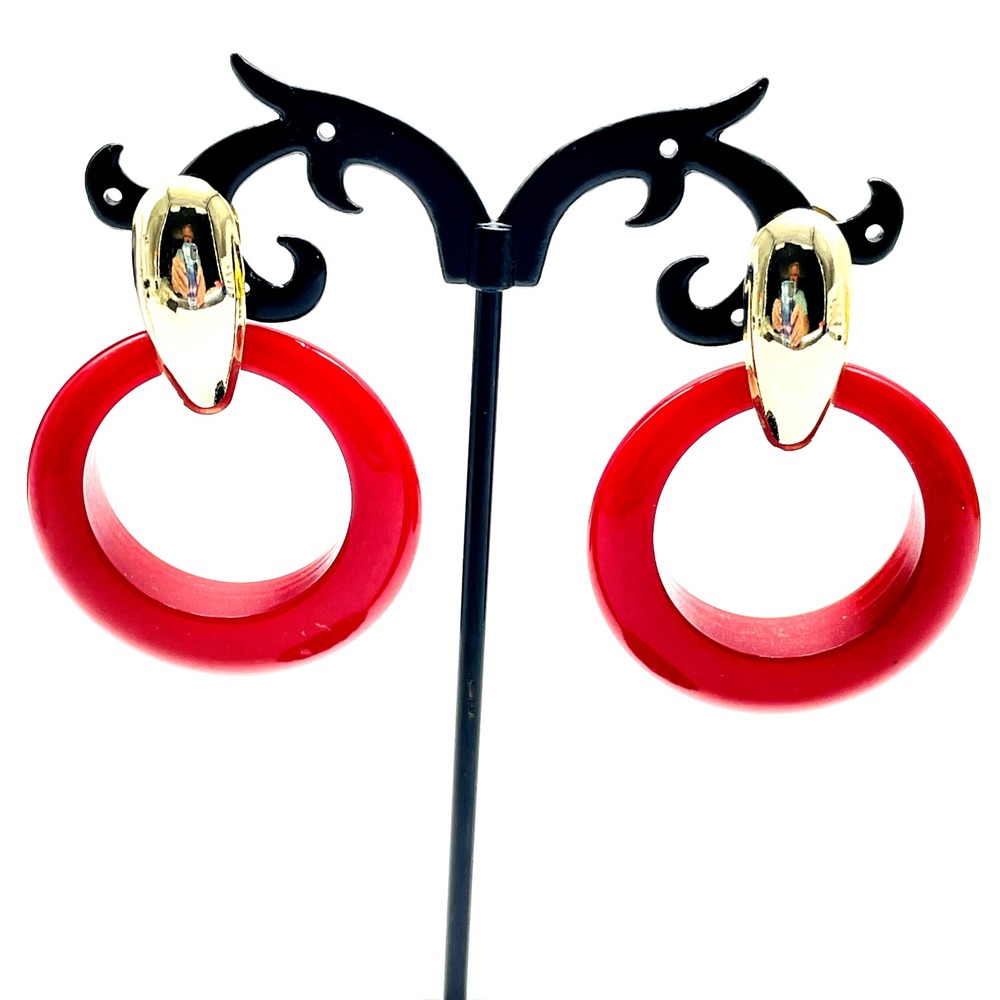 Red Convertible Hoop Pierced Earrings Gold Tone Interchangeable Statement